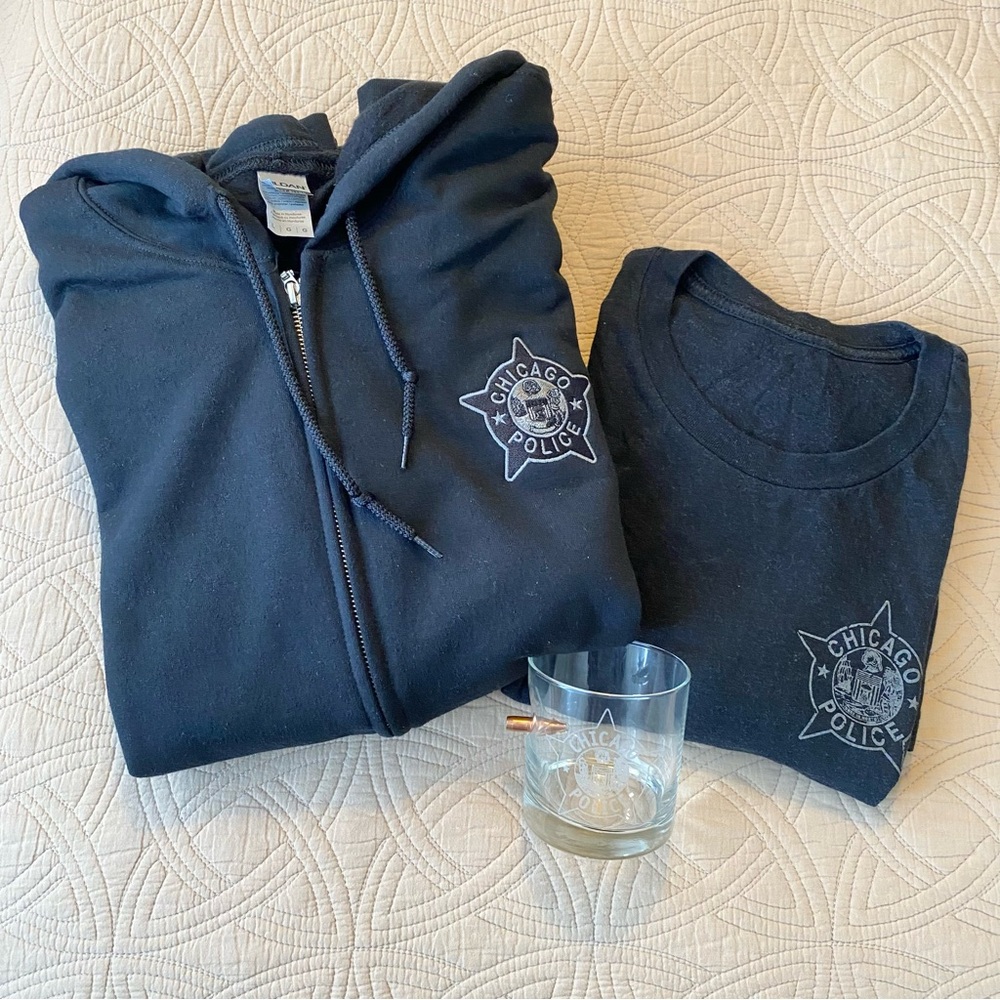 3-Piece Chicago Police Merchandise Bundle - Hoodie, T-Shirt, Rocks Glass